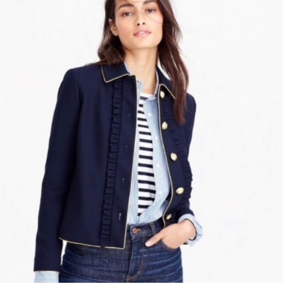 J. Crew Wool Navy Blazer Jacket Ruffle Gold Trim Buttons Military Preppy 6 J - Picture 2 of 10
